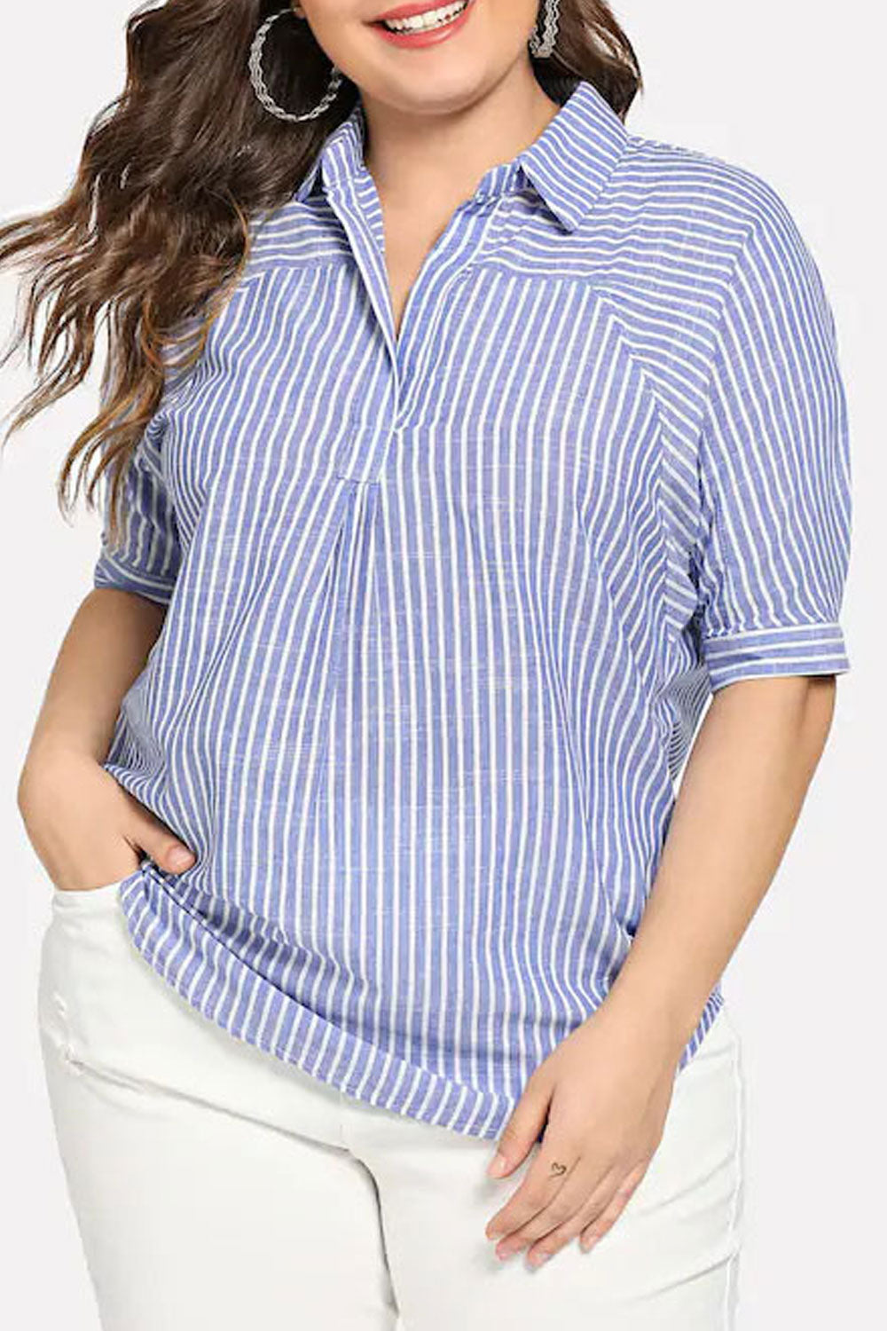 Women Elegant Striped Pattern Lapel Collar Top