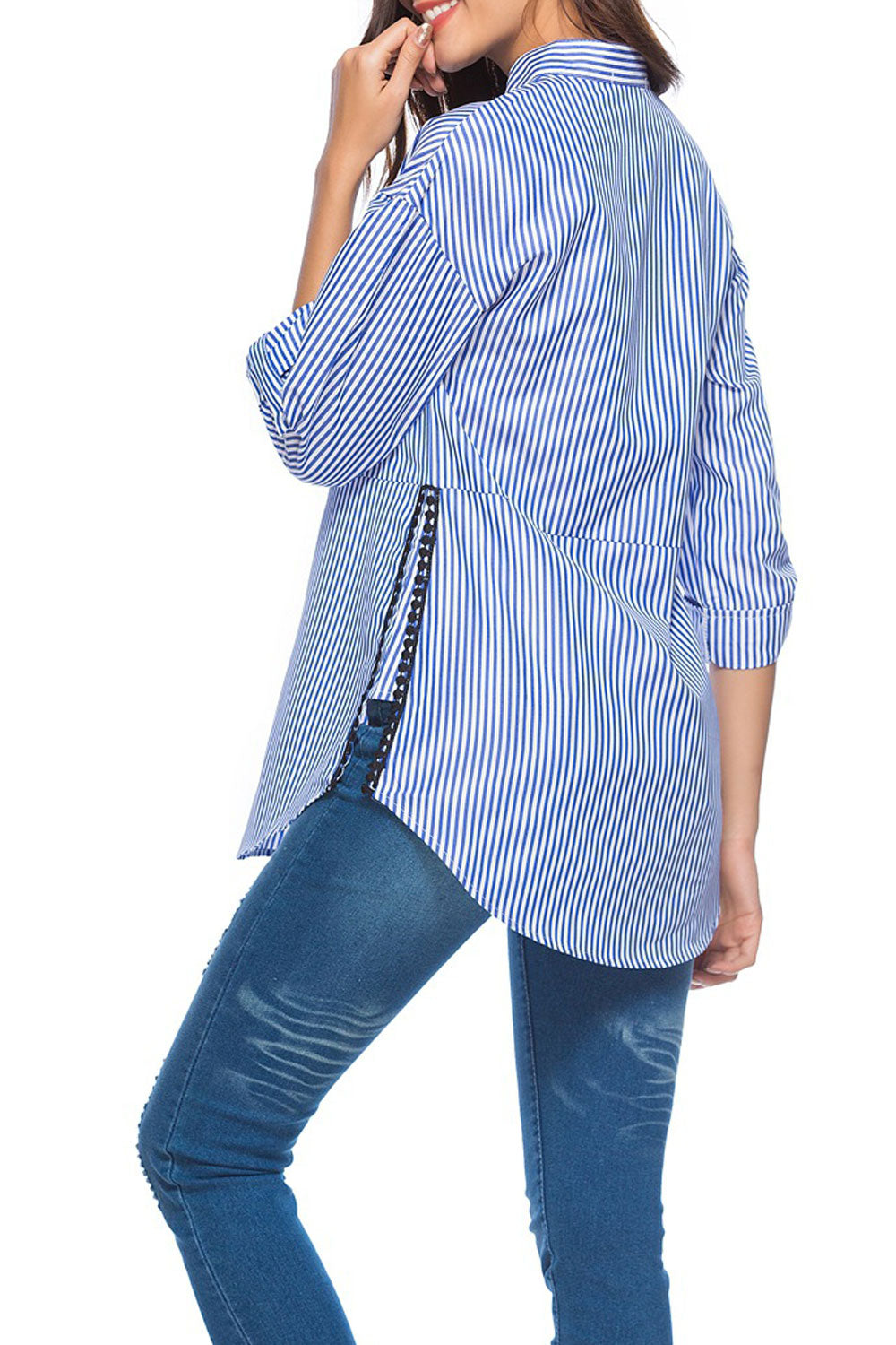 Women Lovely Stand Collar Striped Pattern Top