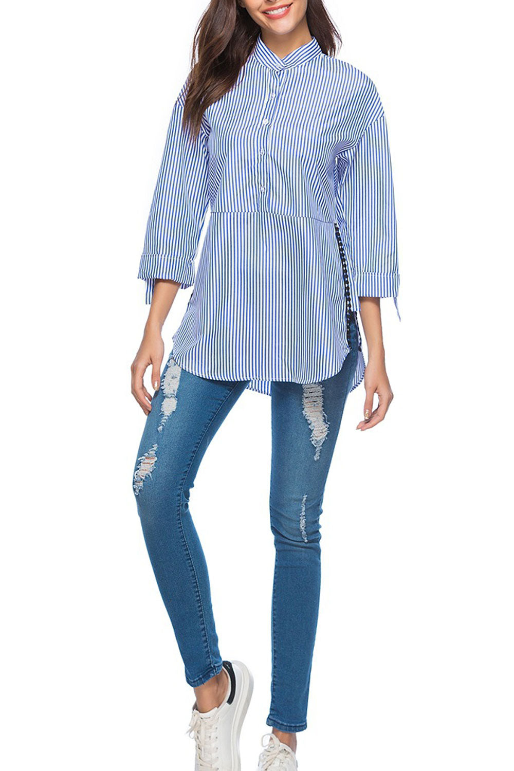 Women Lovely Stand Collar Striped Pattern Top