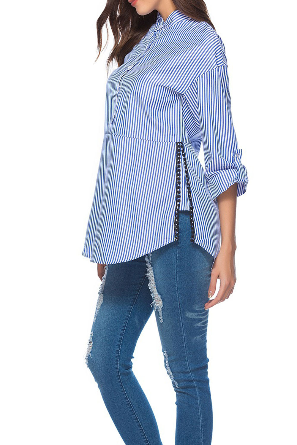 Women Lovely Stand Collar Striped Pattern Top