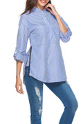Women Lovely Stand Collar Striped Pattern Top