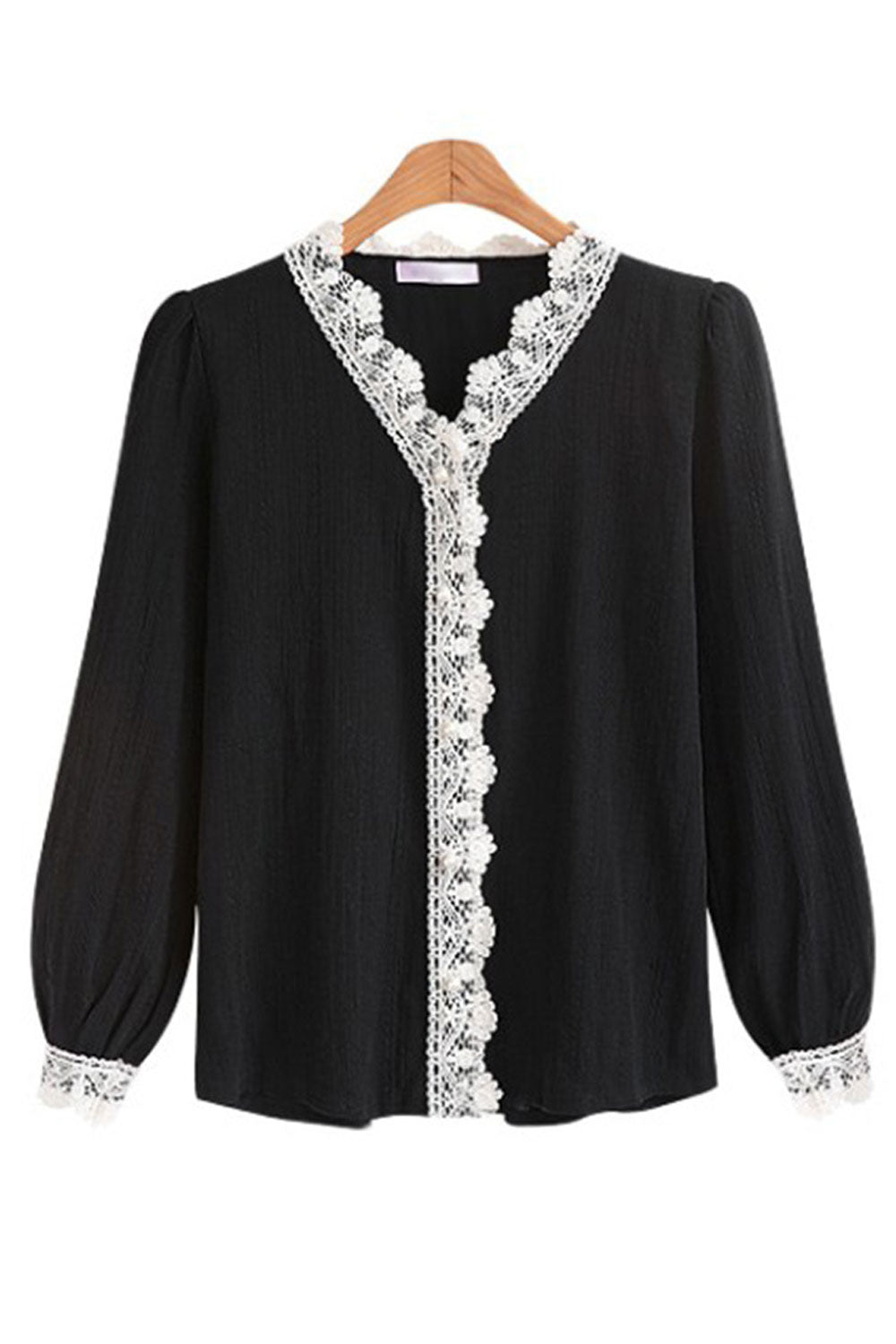 Women lovely Lace Decorated V Neck Long Sleeve Top