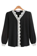 Women lovely Lace Decorated V Neck Long Sleeve Top