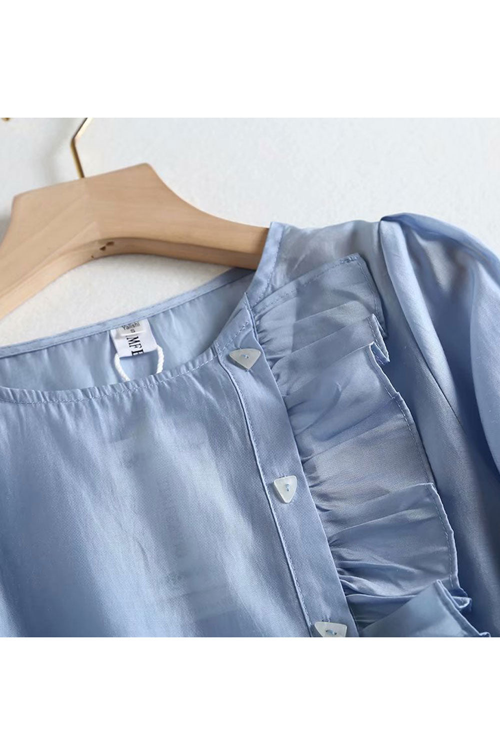 Women Lovely Solid Color Ruffled Decorated Round Neck Top