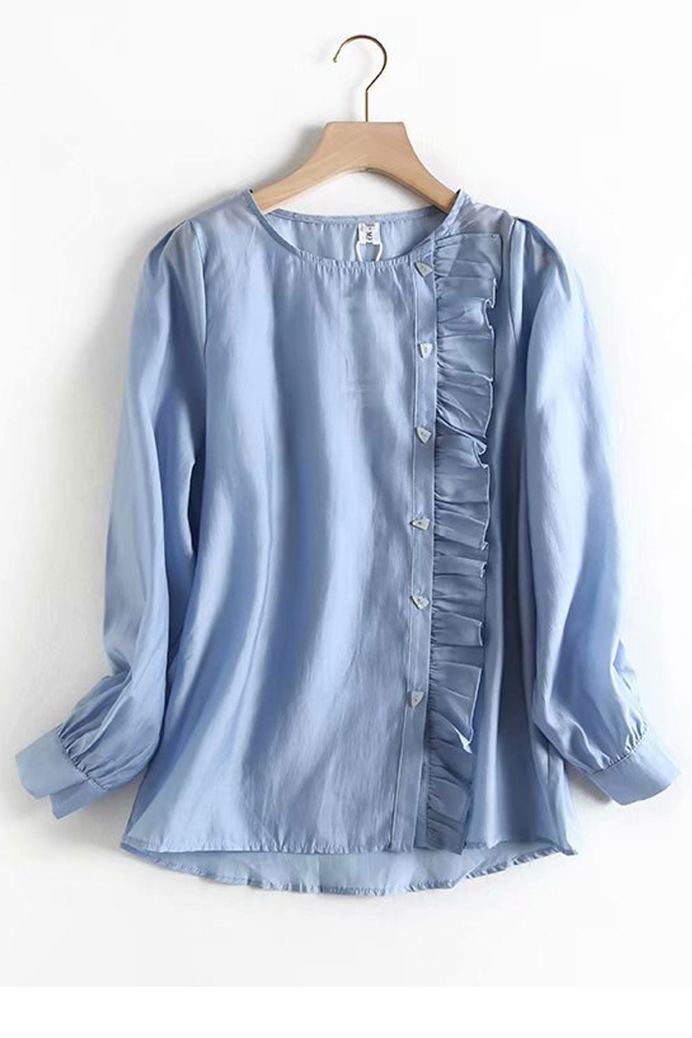 Women Lovely Solid Color Ruffled Decorated Round Neck Top