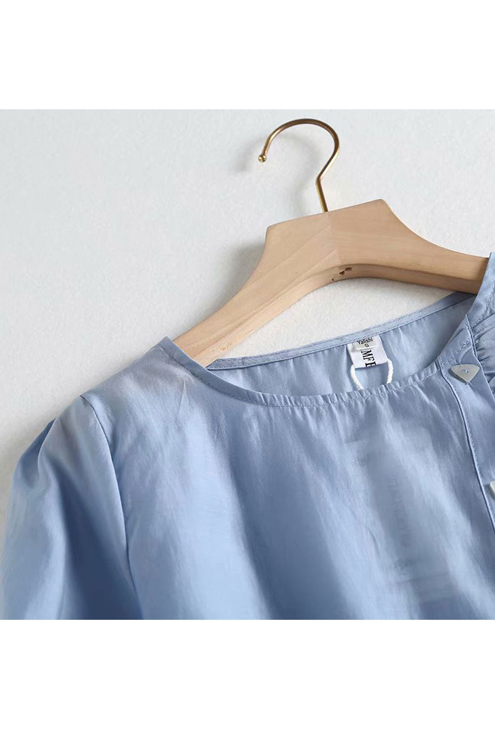 Women Lovely Solid Color Ruffled Decorated Round Neck Top