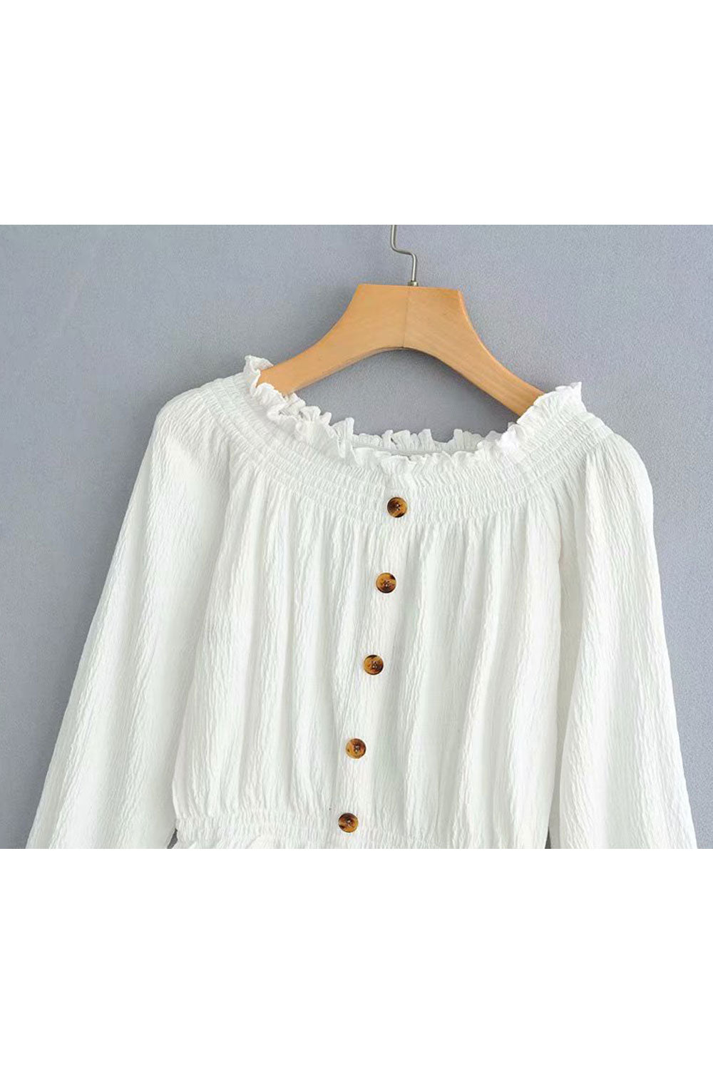 Women Fashion Strapless Ruffled Decorated Long Sleeves Top
