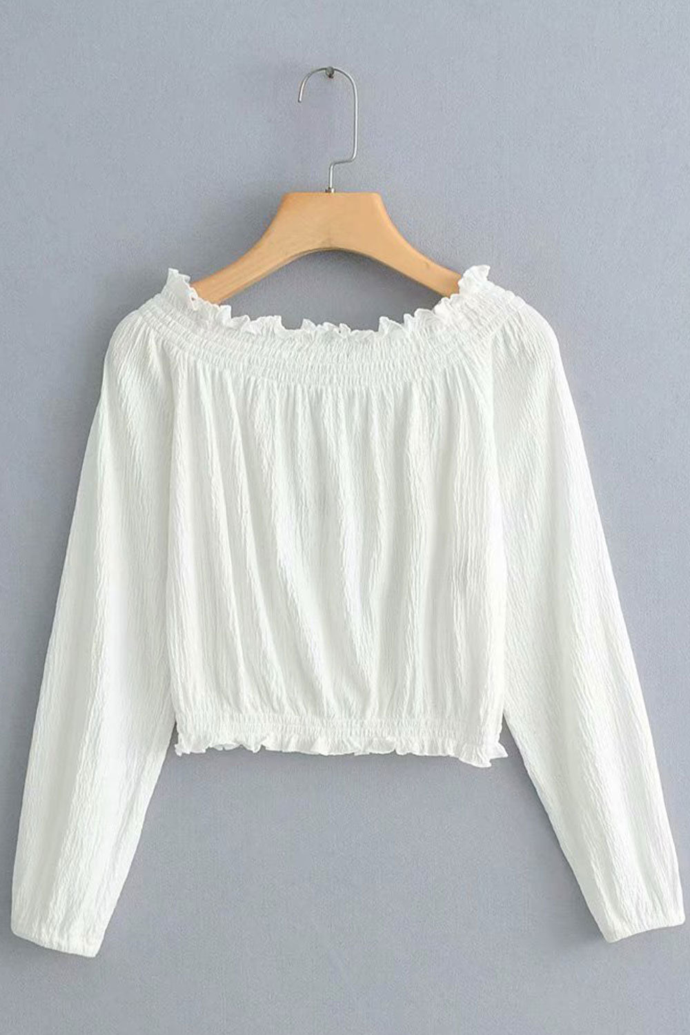Women Fashion Strapless Ruffled Decorated Long Sleeves Top