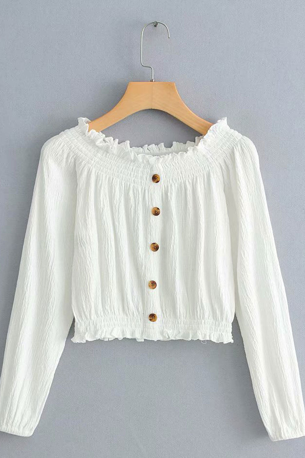 Women Fashion Strapless Ruffled Decorated Long Sleeves Top