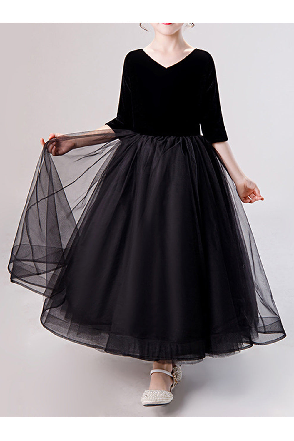 Kids Girls Fashion V-Neck Elbow Sleeve Long Flared Dress
