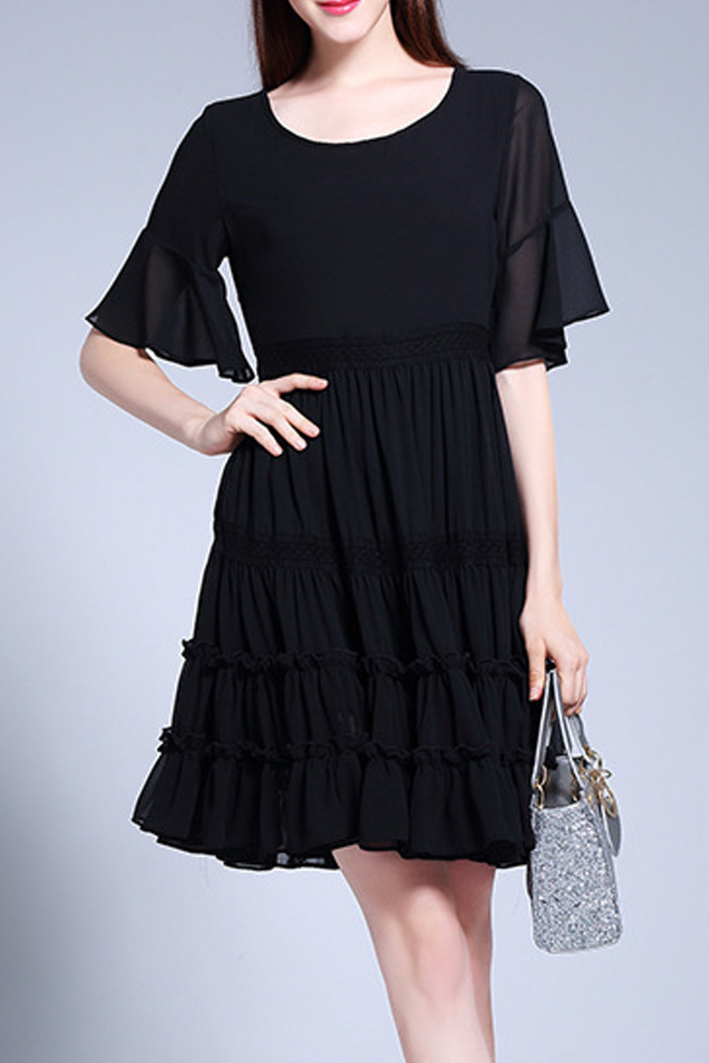 Women Black Color Flare Sleeve Ruffle Decorated Dress