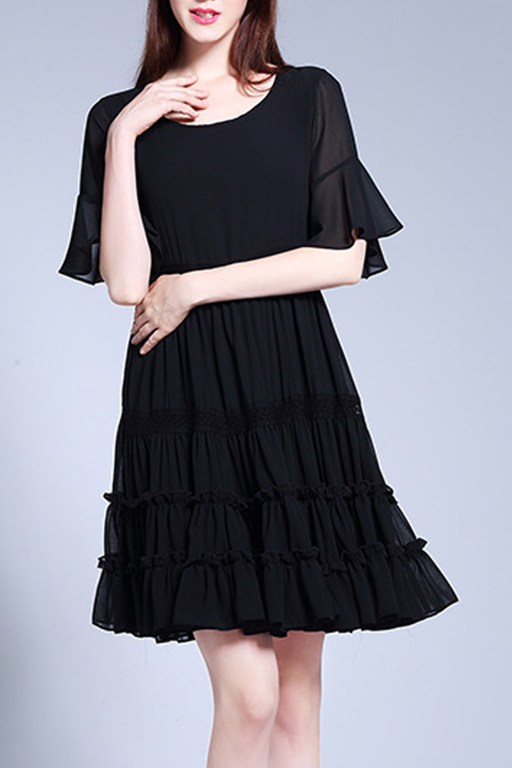 Women Black Color Flare Sleeve Ruffle Decorated Dress