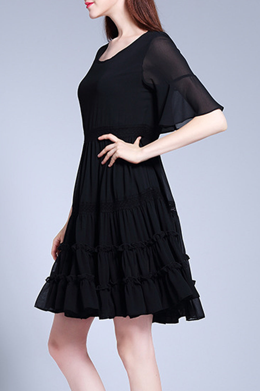 Women Black Color Flare Sleeve Ruffle Decorated Dress