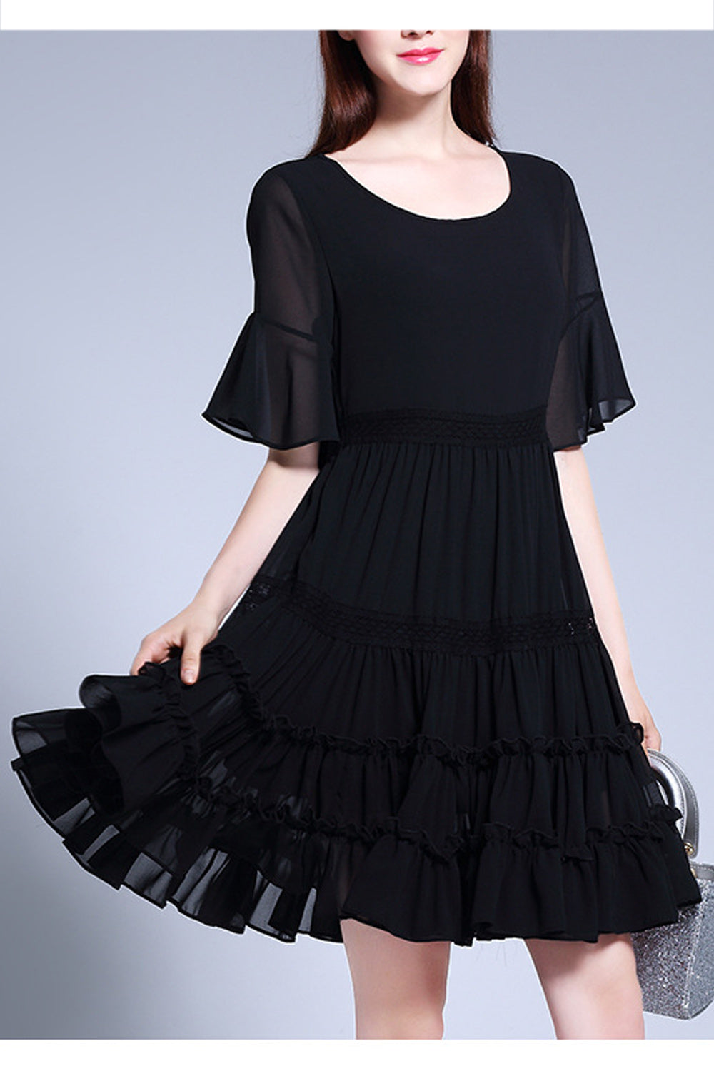 Women Black Color Flare Sleeve Ruffle Decorated Dress