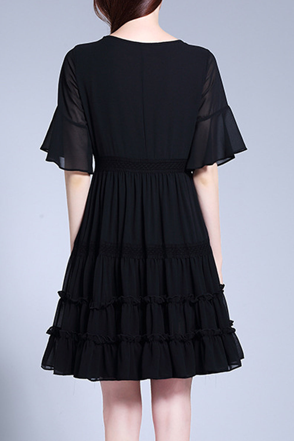 Women Black Color Flare Sleeve Ruffle Decorated Dress