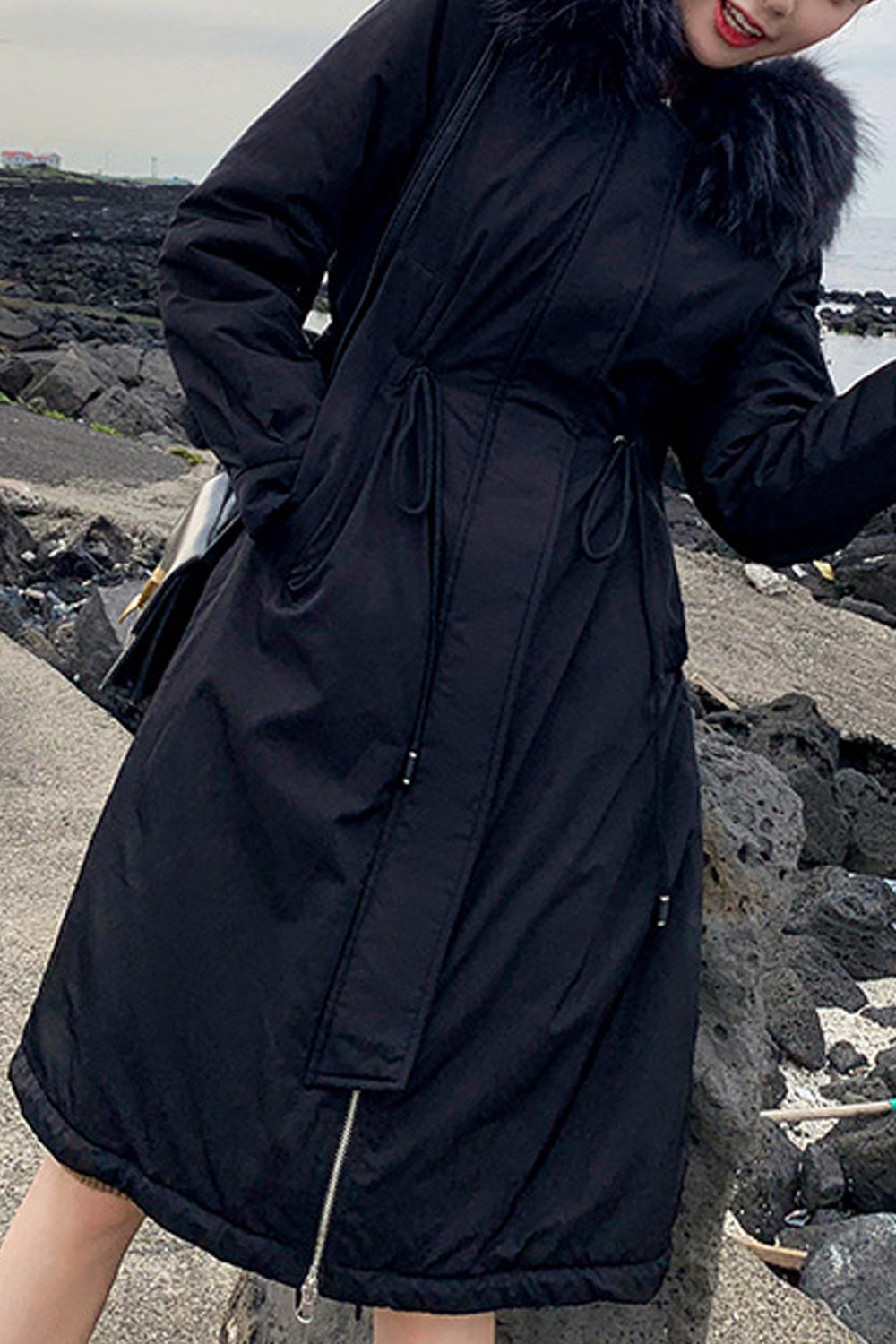 Women Stylish Flap Pockets Fluffy Hood Long Sleeve Mid Length Thick Solid Pattern Padded Jacket