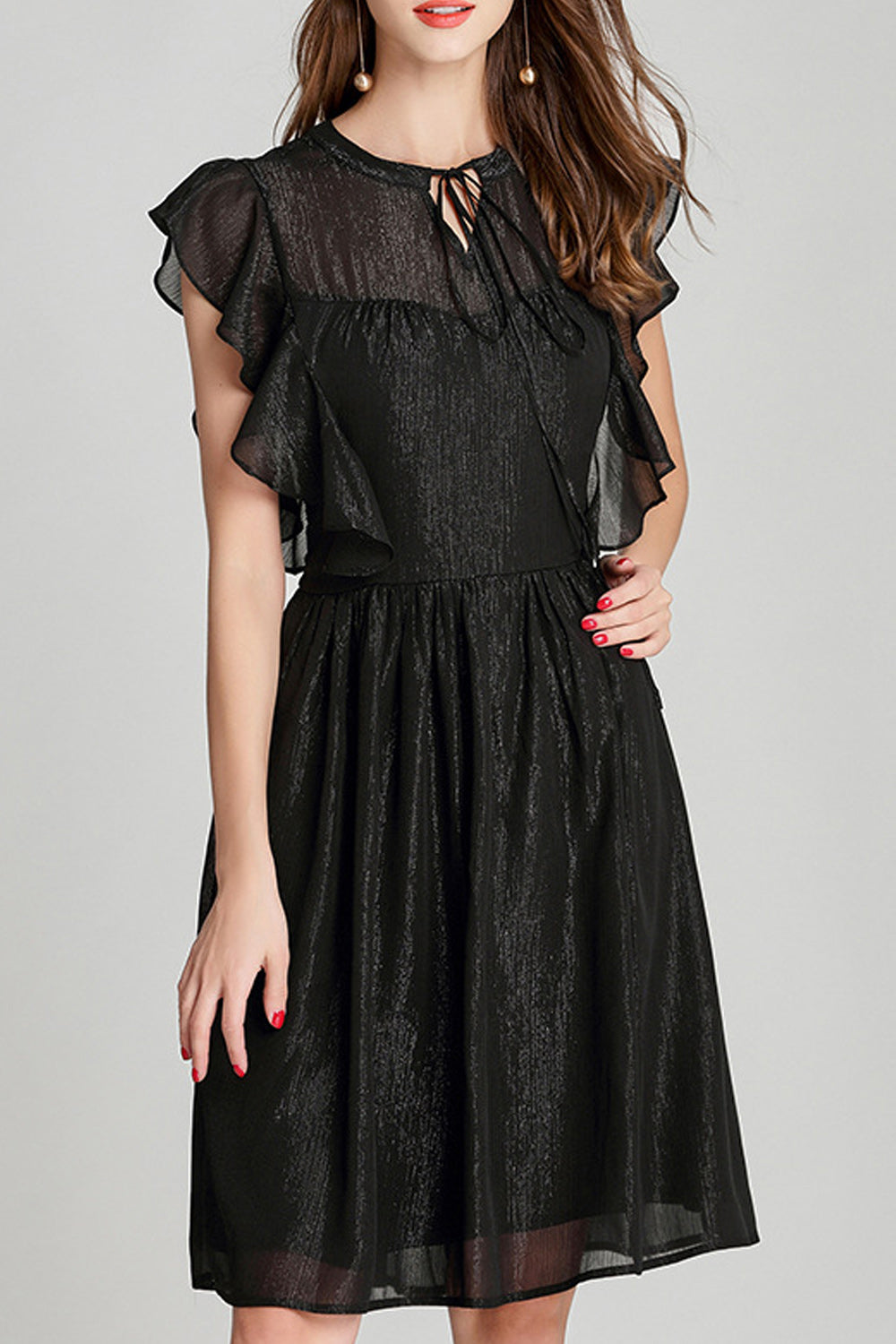 Women Black Color Chiffon Lotus Leaf Sleeve Strap Round Neck Dress