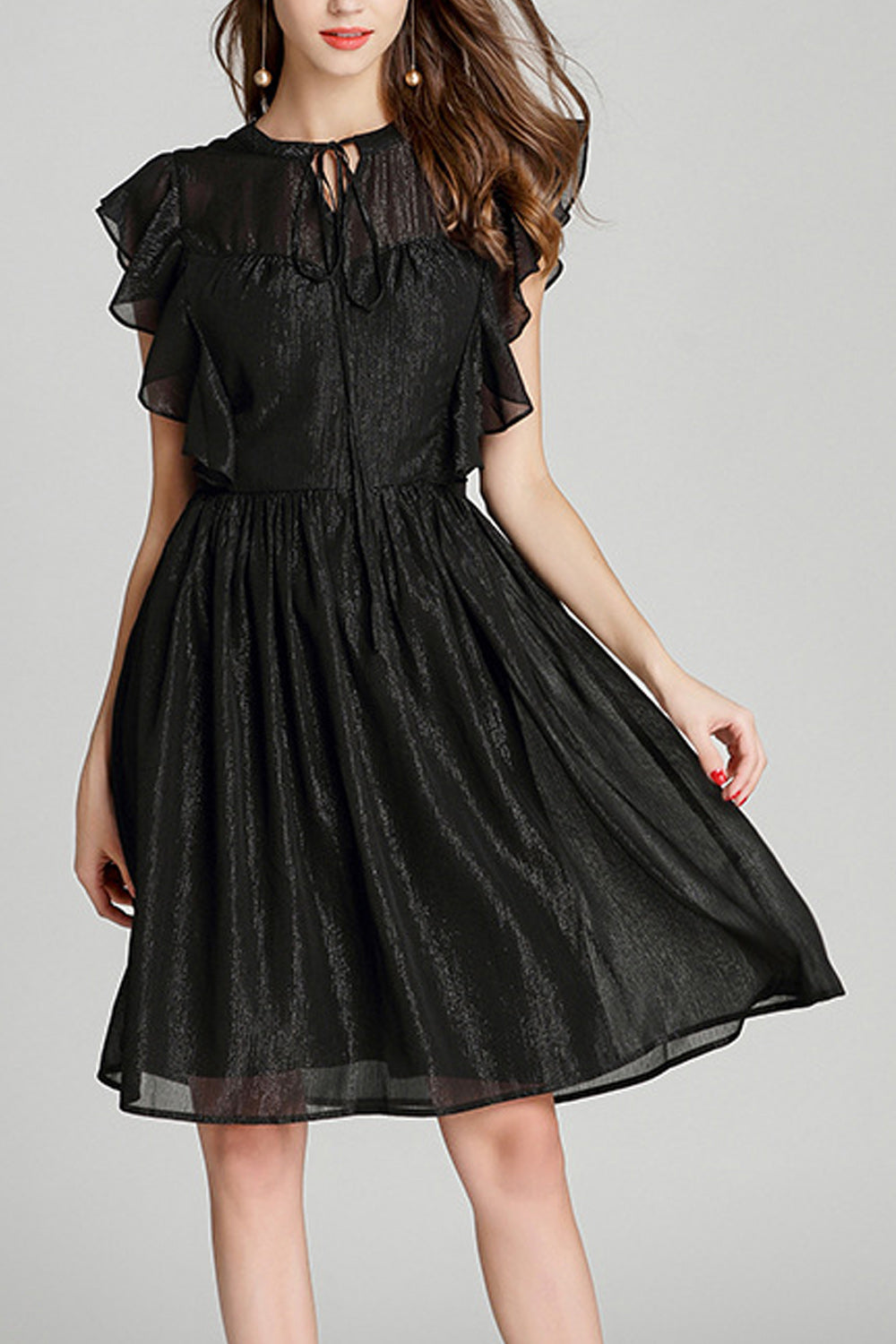 Women Black Color Chiffon Lotus Leaf Sleeve Strap Round Neck Dress