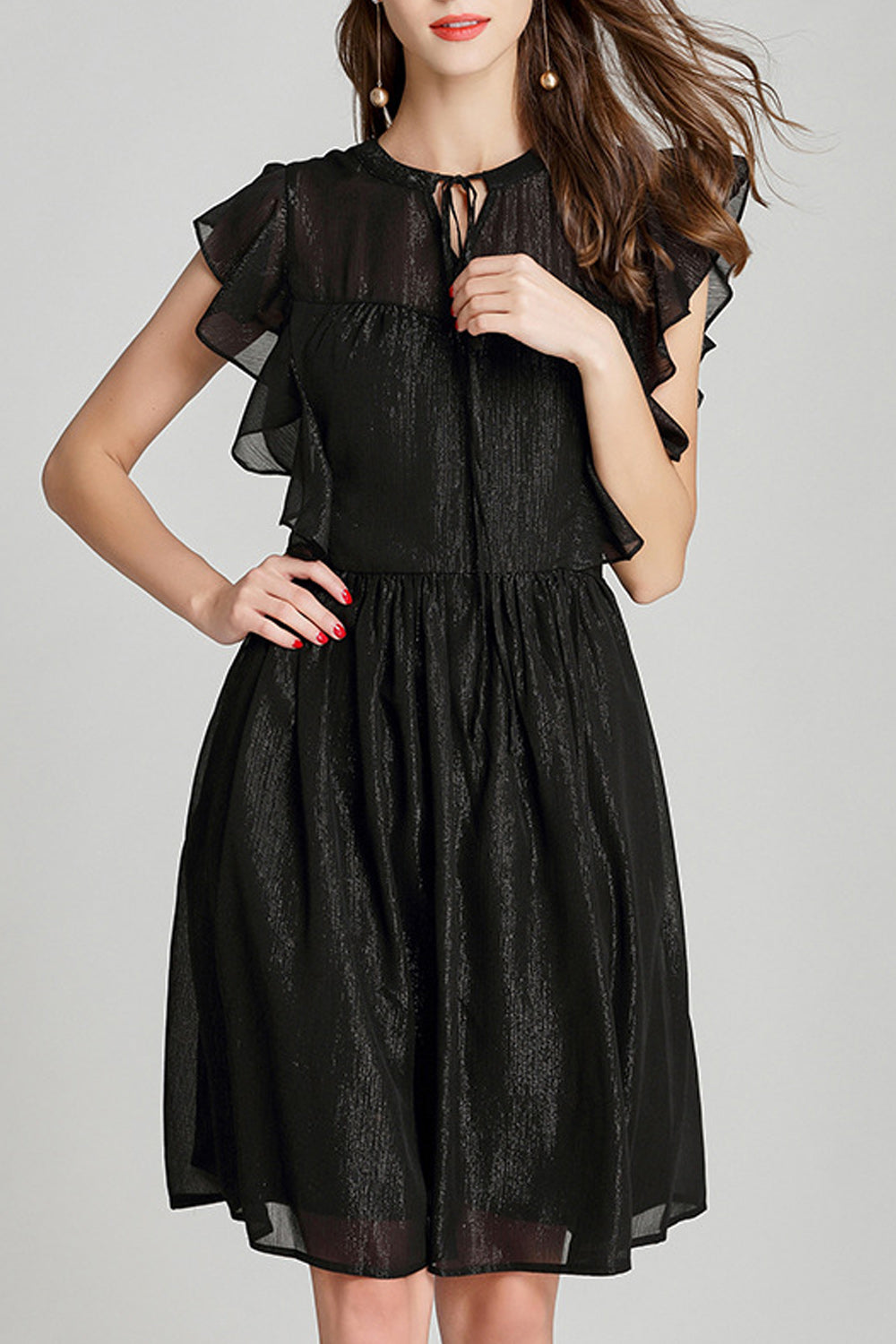 Women Black Color Chiffon Lotus Leaf Sleeve Strap Round Neck Dress