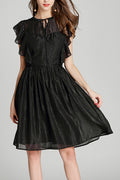 Women Black Color Chiffon Lotus Leaf Sleeve Strap Round Neck Dress