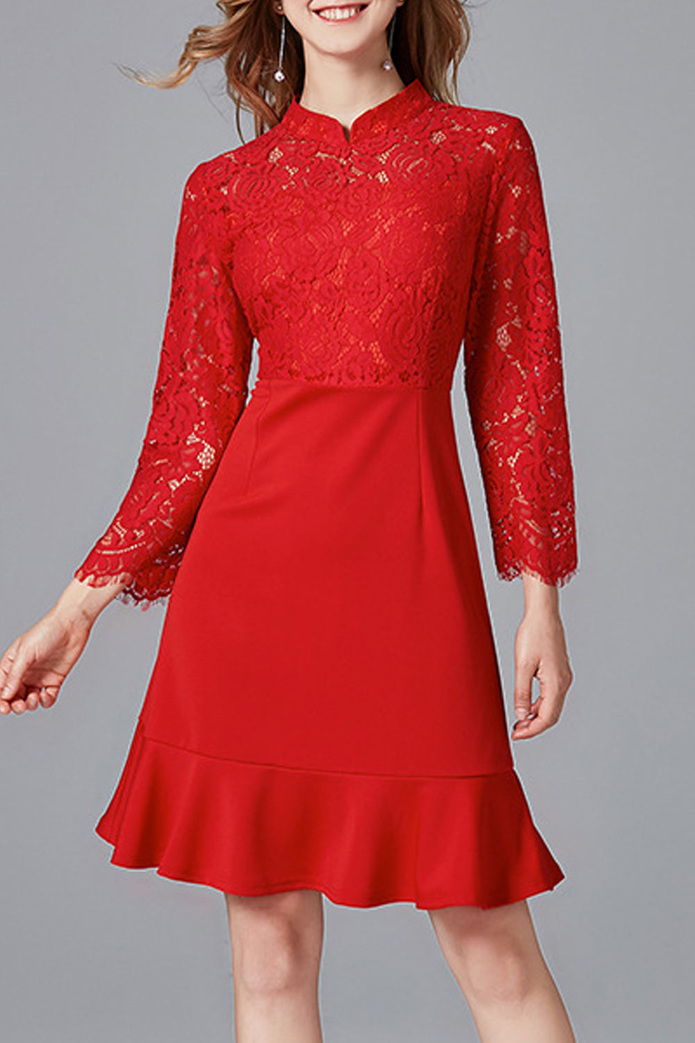 Women Adorable High Neck Ruffled Hem Lace Dress