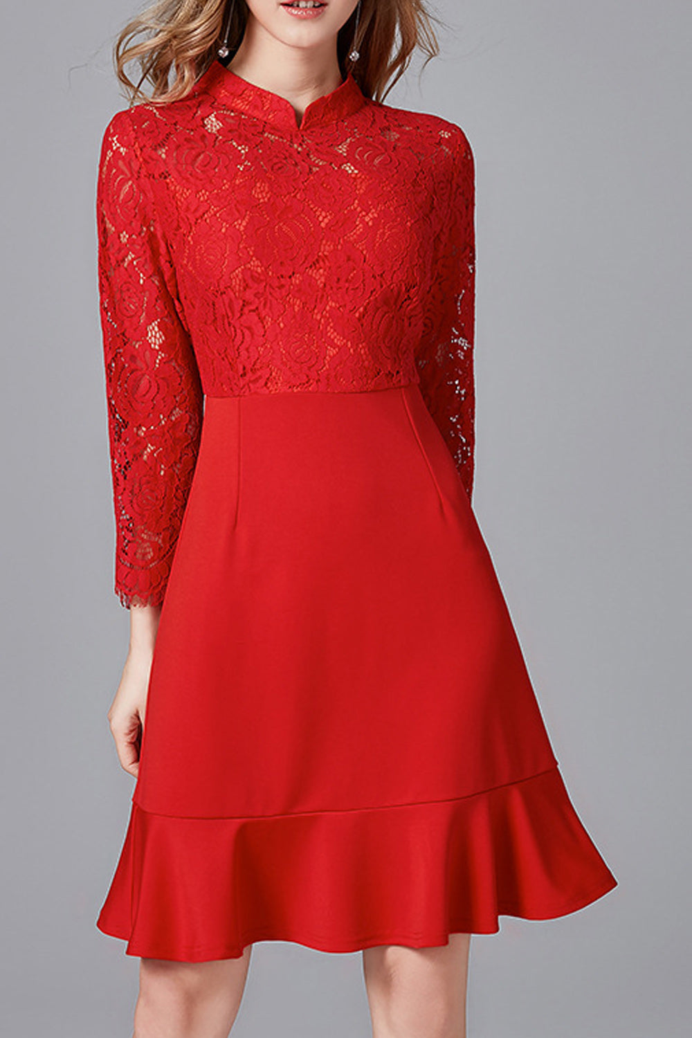 Women Adorable High Neck Ruffled Hem Lace Dress