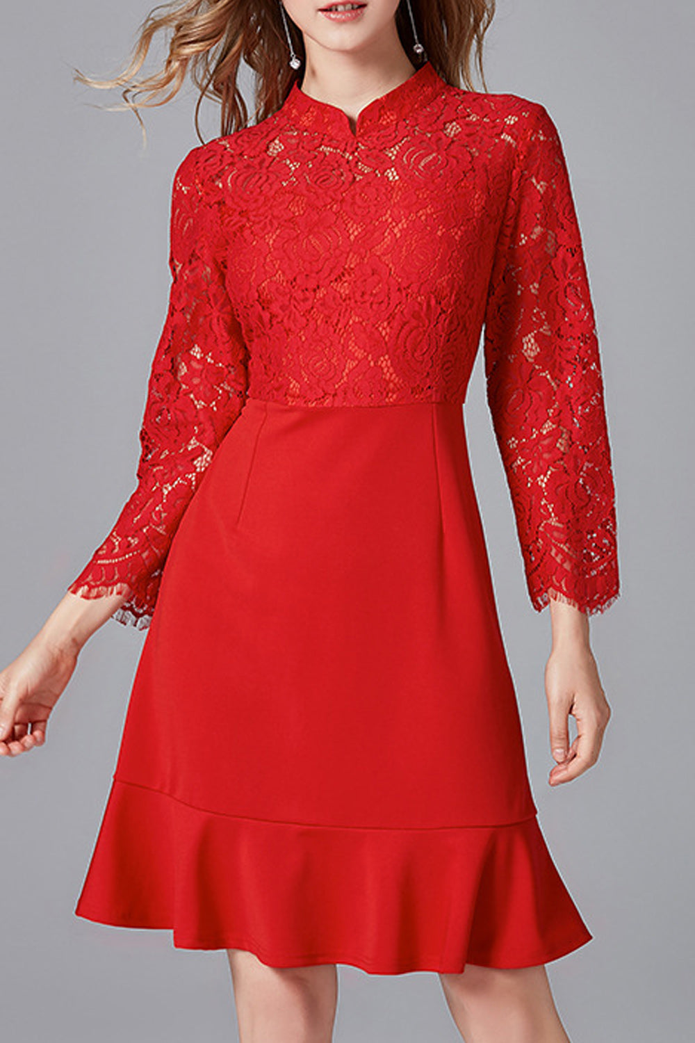 Women Adorable High Neck Ruffled Hem Lace Dress