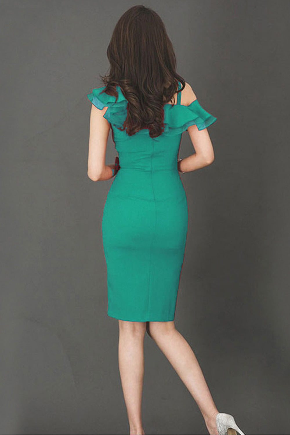 Women Solid Color Ruffle Style Neck Off Shoulder Dress