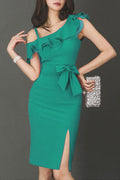 Women Solid Color Ruffle Style Neck Off Shoulder Dress