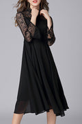 Women Charming Black Color Net Sleeve Hollow Lace Dress