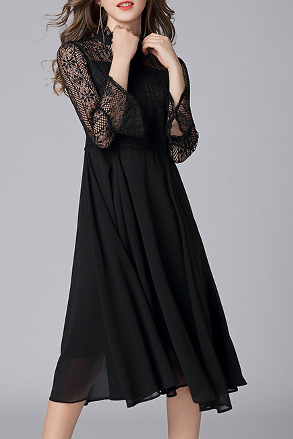 Women Charming Black Color Net Sleeve Hollow Lace Dress