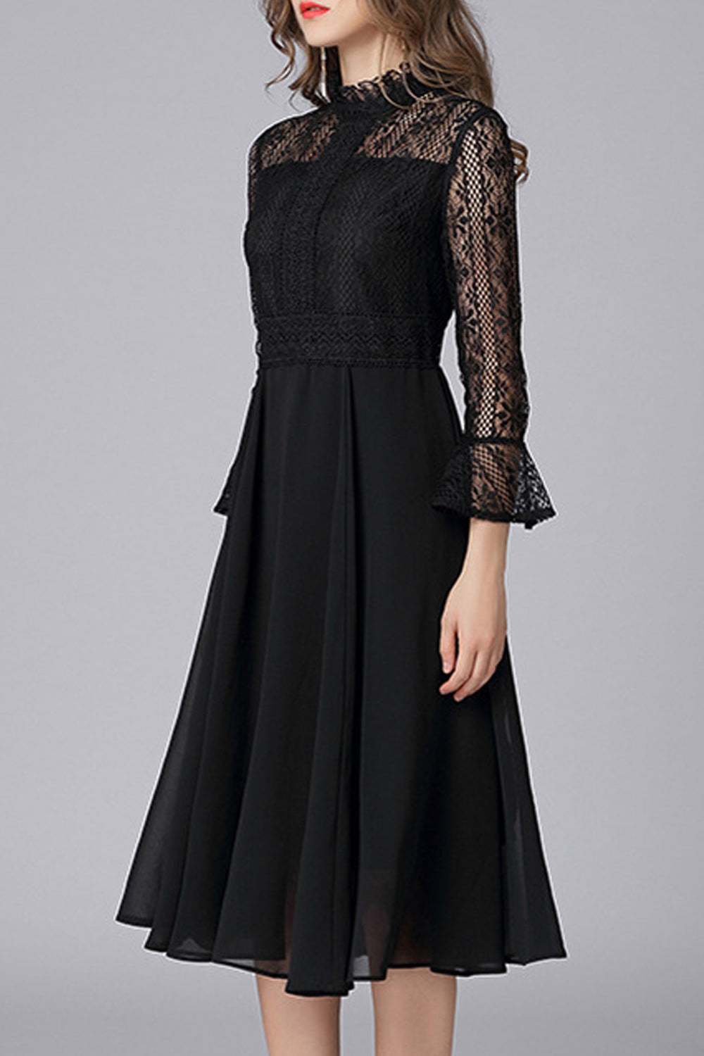 Women Charming Black Color Net Sleeve Hollow Lace Dress
