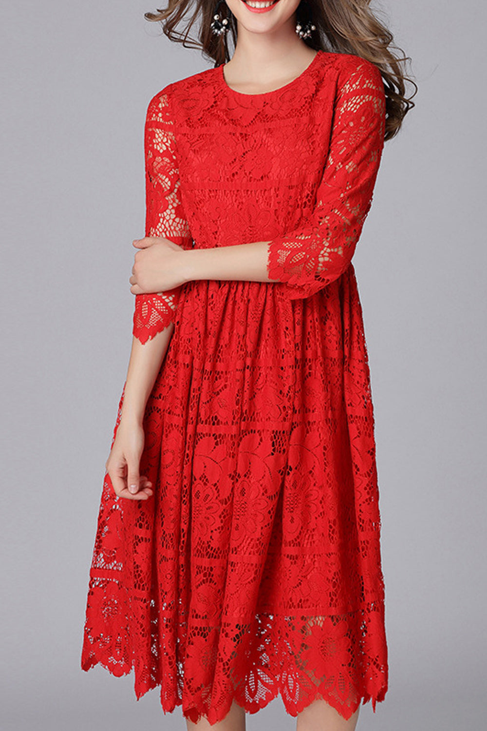 Women Flower Lace Round Neck Flared Skirt Elegant Dress