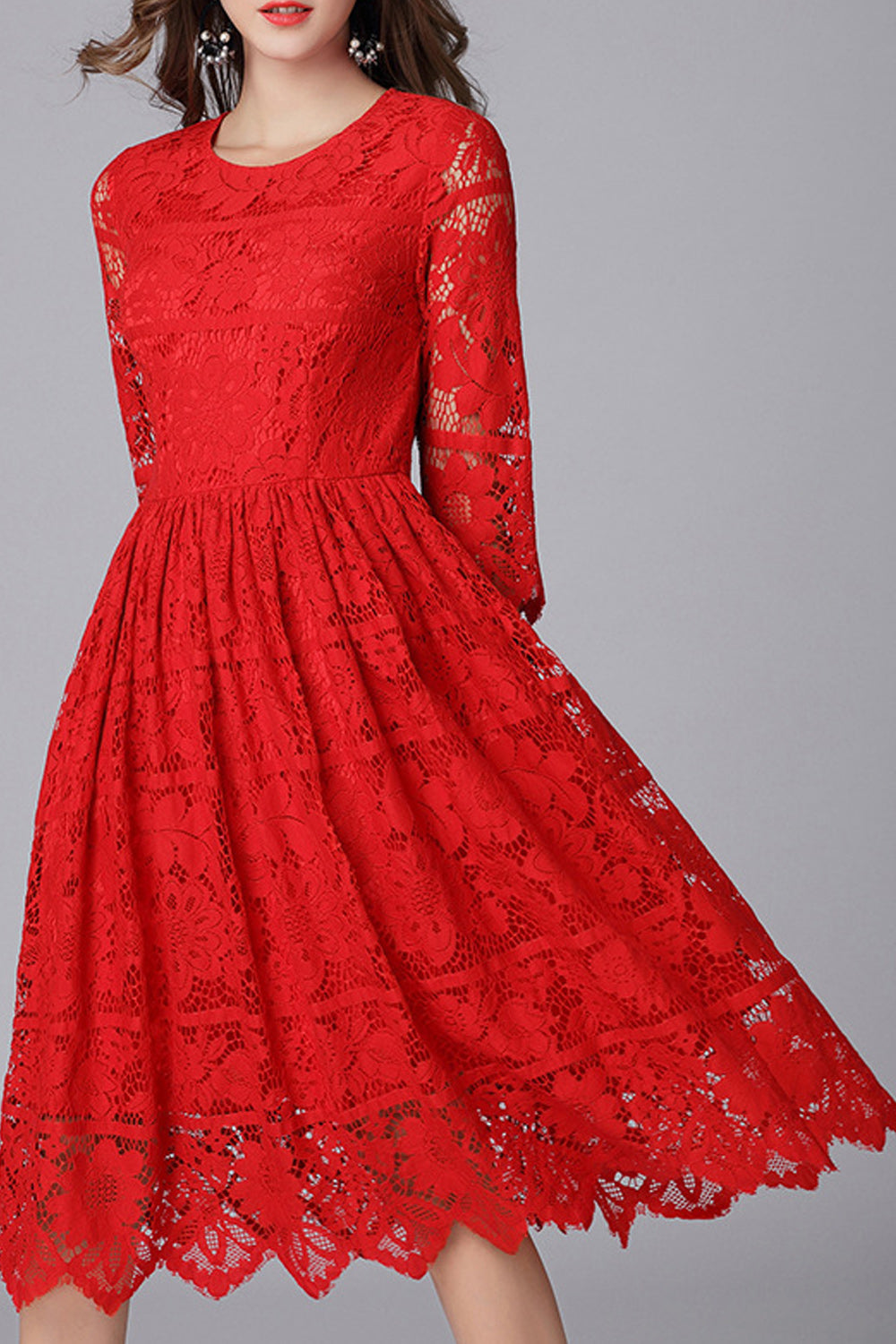 Women Flower Lace Round Neck Flared Skirt Elegant Dress
