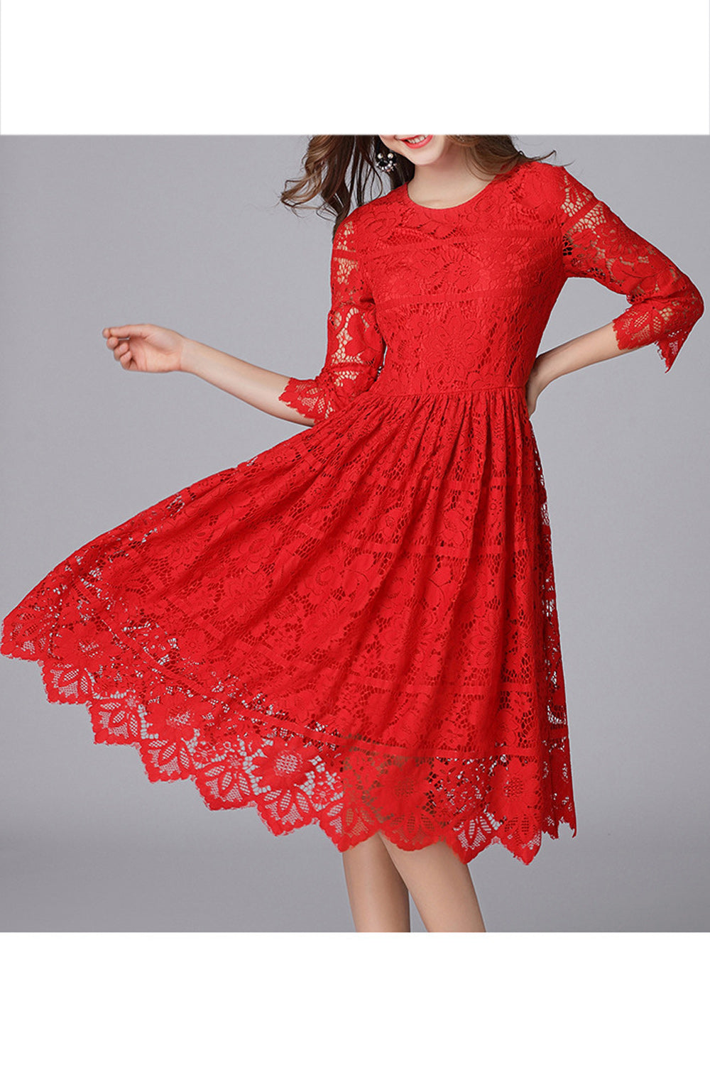 Women Flower Lace Round Neck Flared Skirt Elegant Dress