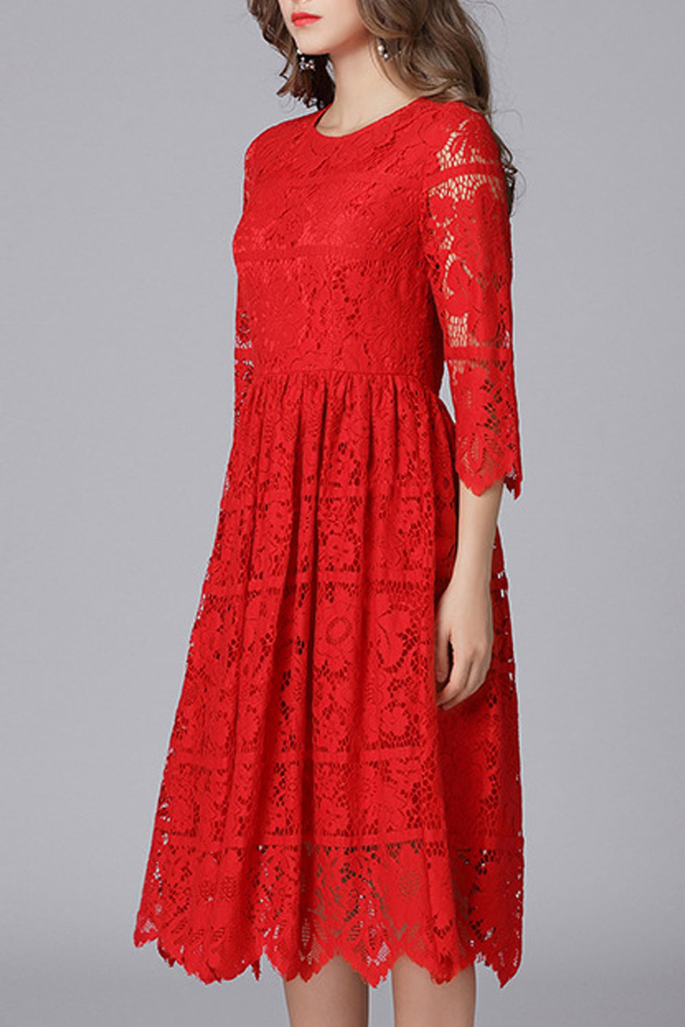 Women Flower Lace Round Neck Flared Skirt Elegant Dress