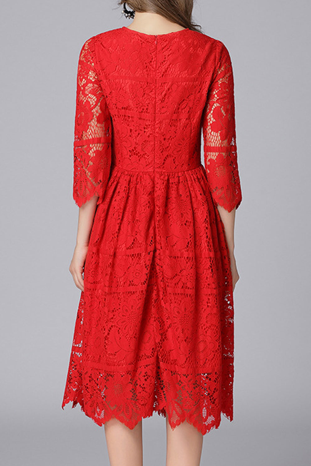 Women Flower Lace Round Neck Flared Skirt Elegant Dress