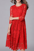 Women Flower Lace Round Neck Flared Skirt Elegant Dress