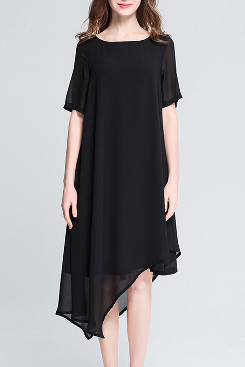 Women Elegant Solid Color Chiffon Short Sleeve Round Neck Dress