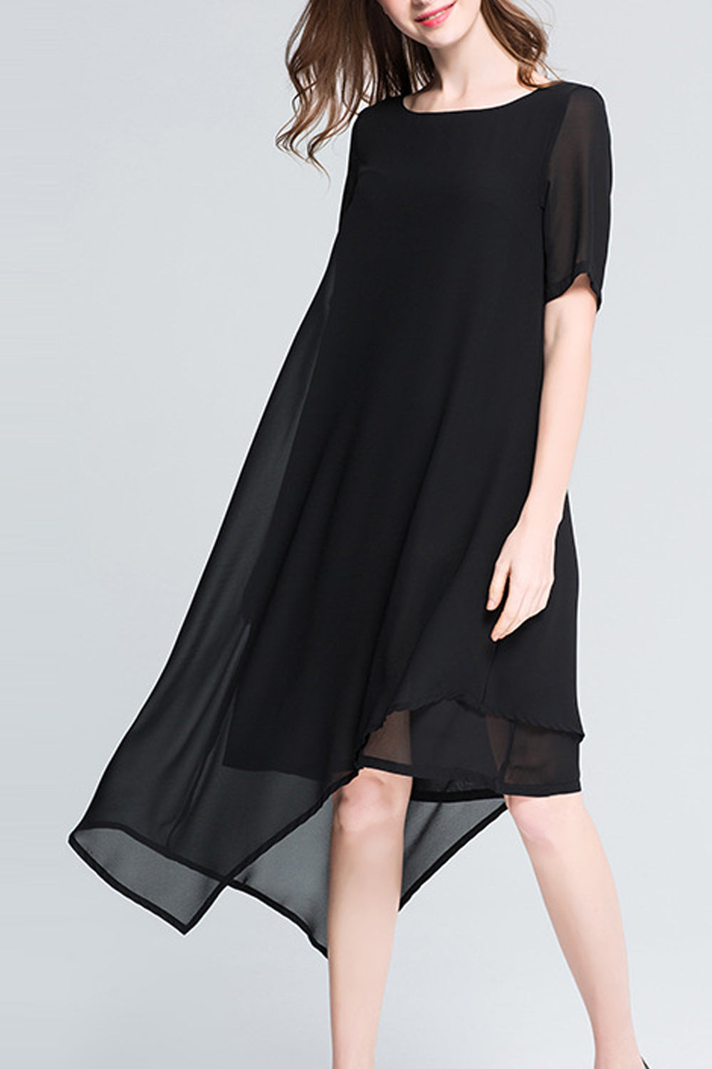 Women Elegant Solid Color Chiffon Short Sleeve Round Neck Dress