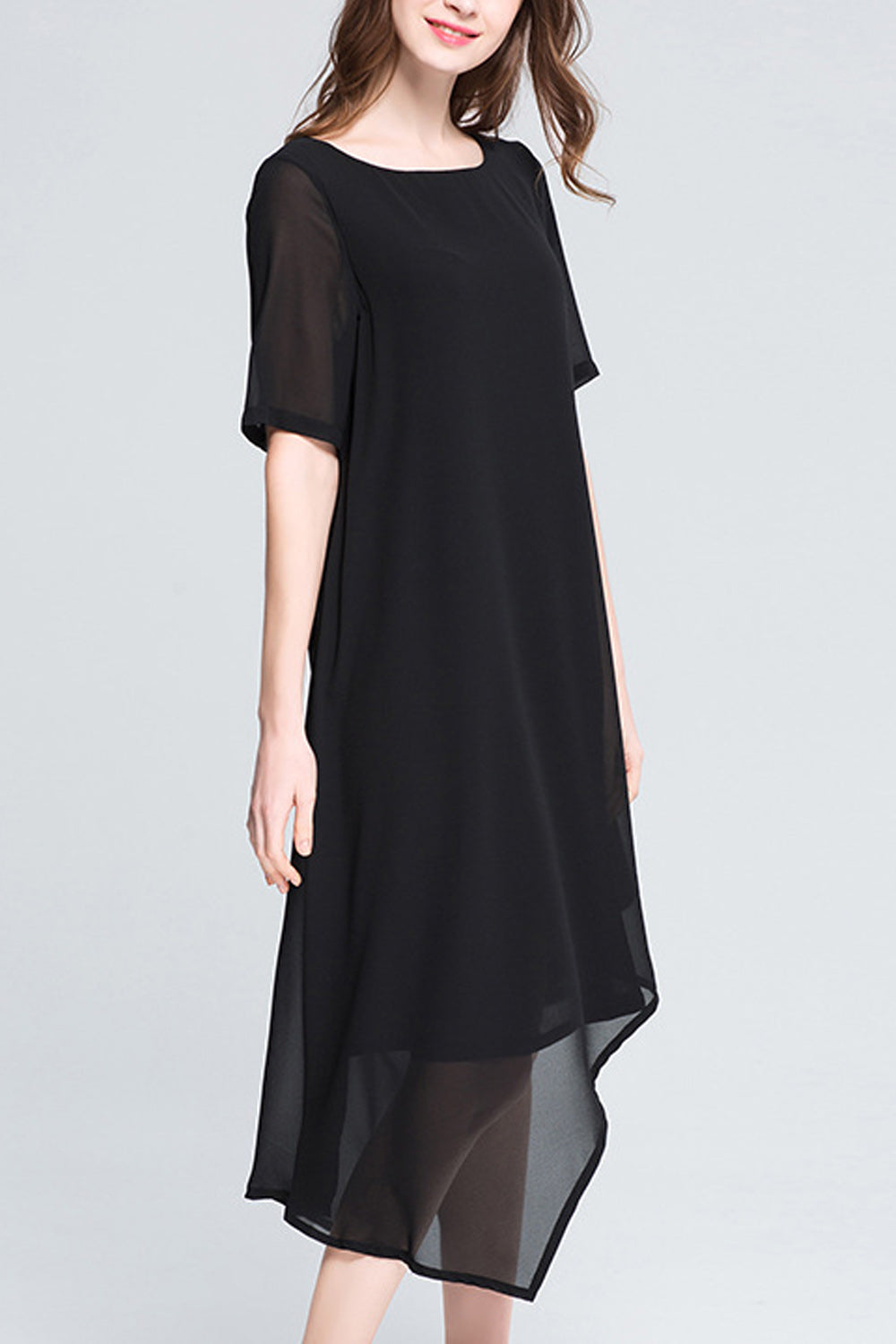 Women Elegant Solid Color Chiffon Short Sleeve Round Neck Dress