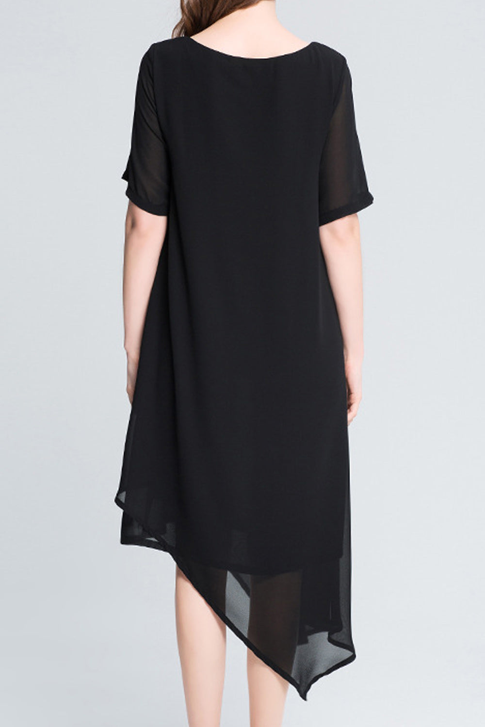 Women Elegant Solid Color Chiffon Short Sleeve Round Neck Dress