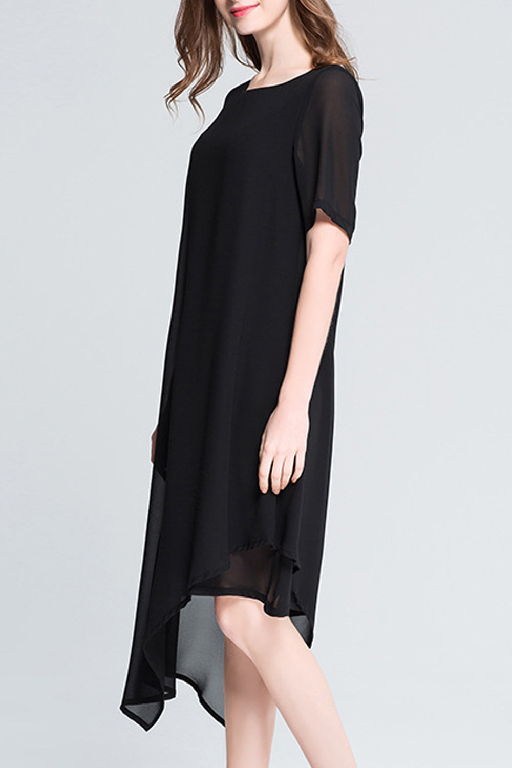 Women Elegant Solid Color Chiffon Short Sleeve Round Neck Dress