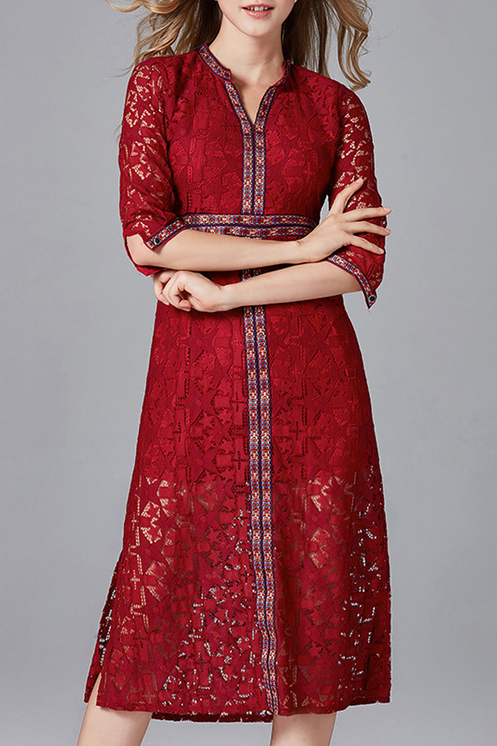 Women Elegant Star Lace V-Neck Knee Length Dress