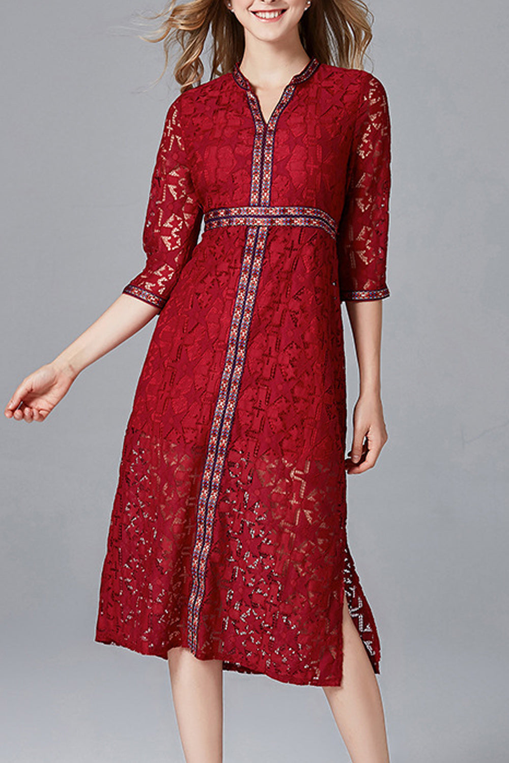 Women Elegant Star Lace V-Neck Knee Length Dress
