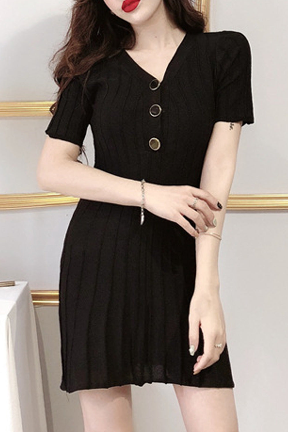 Women Stylish Stripe Pattern Solid Color V-Neck Button Closure Slim Fit Dress