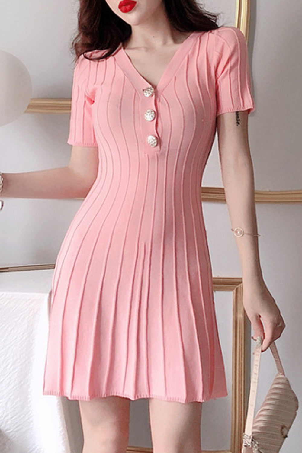 Women Stylish Stripe Pattern Solid Color V-Neck Button Closure Slim Fit Dress