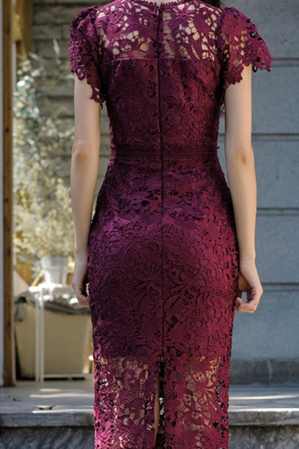 Women Floral Lace Pattern Solid Color V-Neck Slim Fit Dress