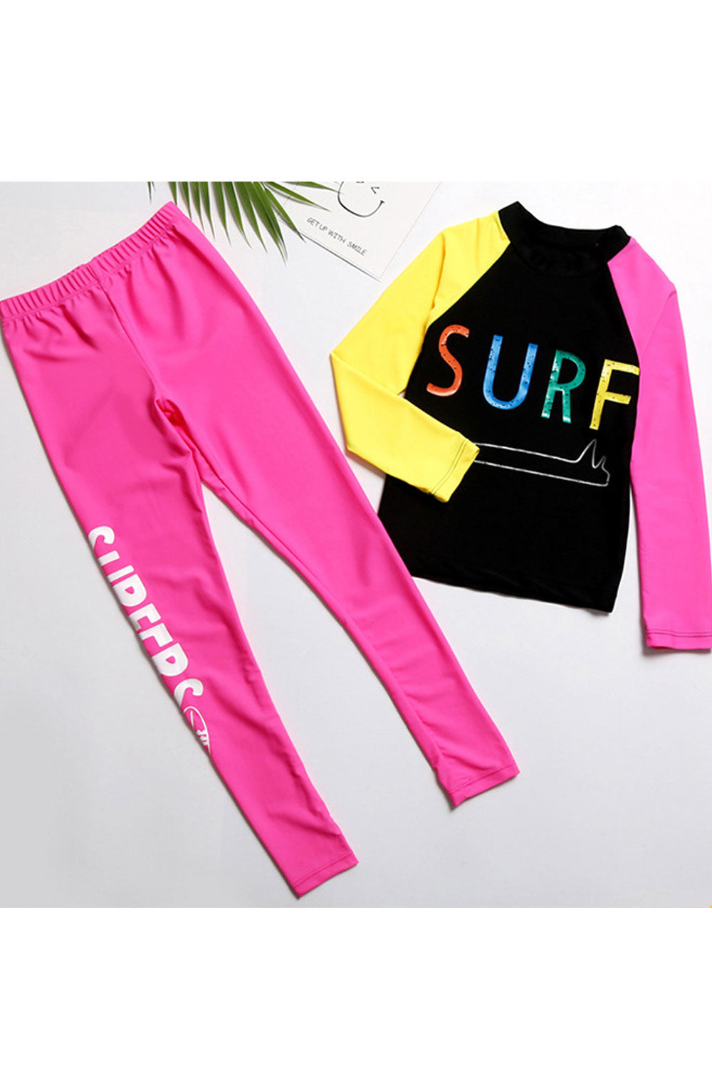 Baby Girls Letter Printed Long Sleeve Elasticated Waist Swimsuit Set