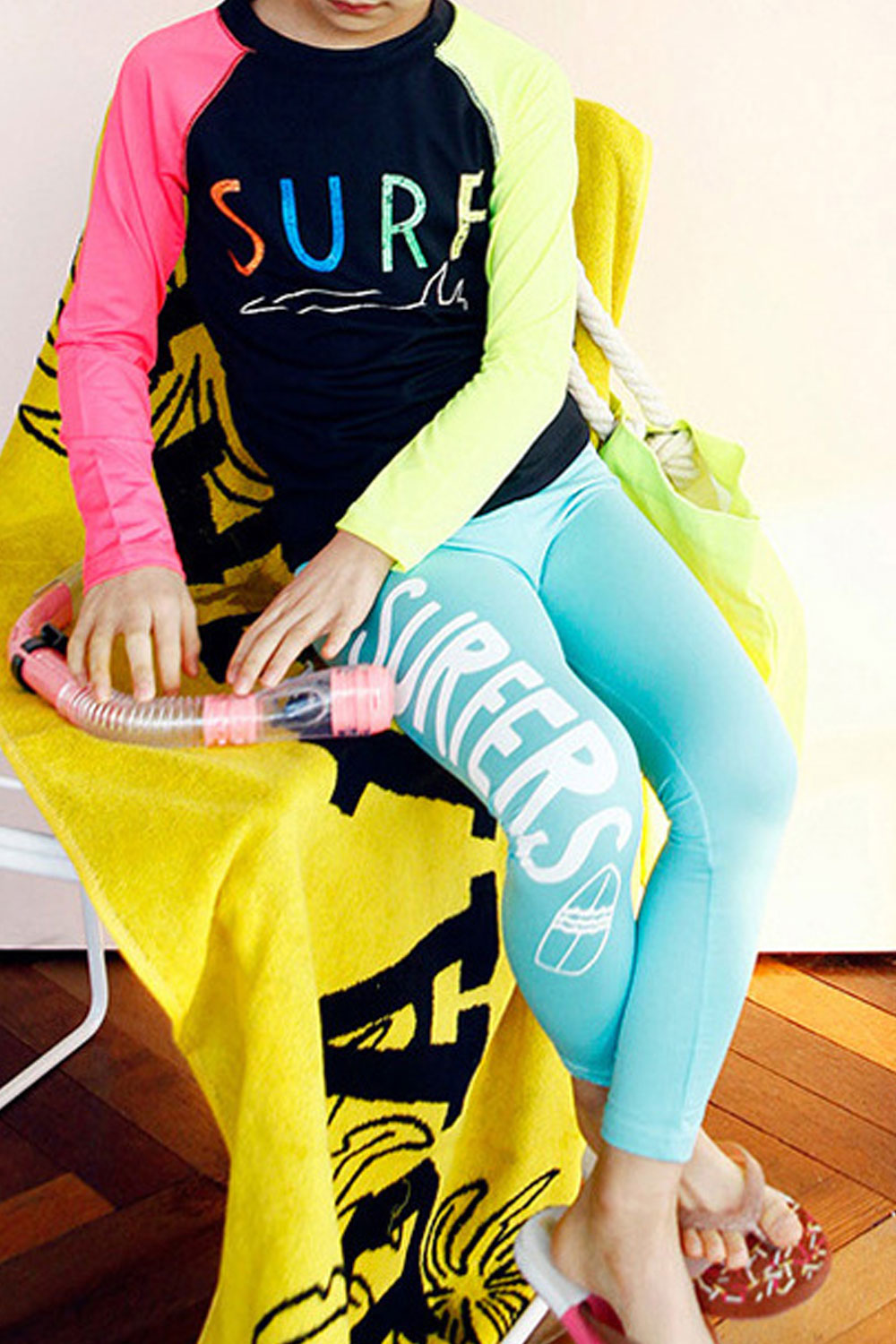 Baby Girls Letter Printed Long Sleeve Elasticated Waist Swimsuit Set